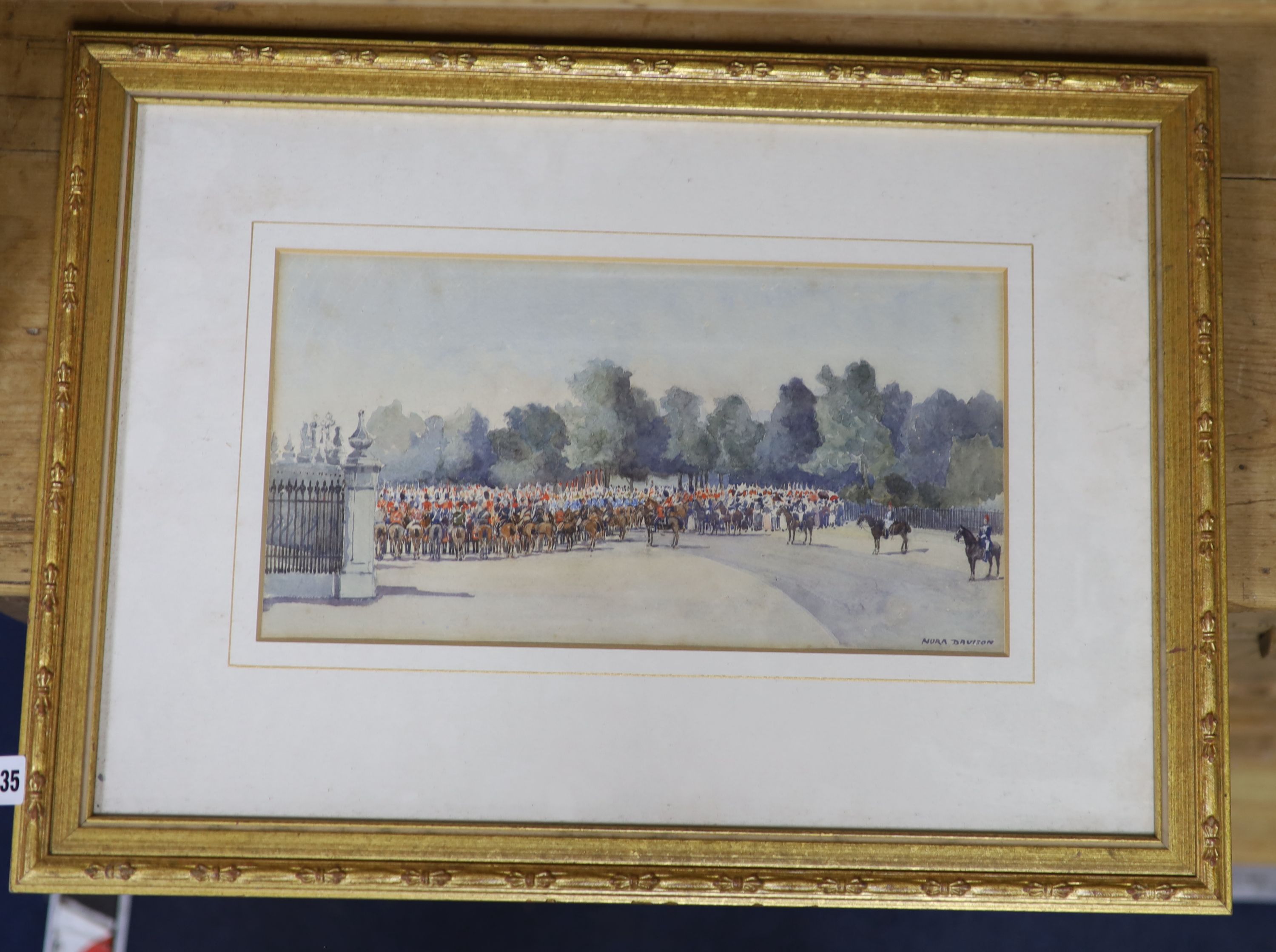 Nora Davison (Exh.1881-1900), watercolour, Troops outside Buckingham Palace, Queen Victoria's Jubiliee, signed, 18 x 35cm